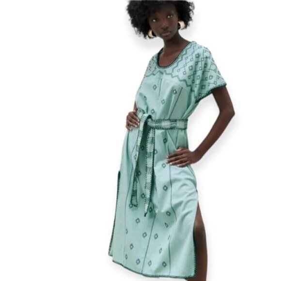 ZARA Bloggers Fav V- Neck Linen Embroidered Caftan Dress Tie Waist Size L NEW - Picture 4 of 13